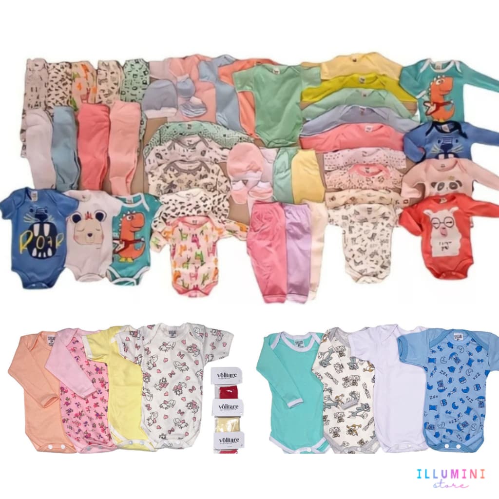 Kit enxoval 27 peças body mijão touca e meias de bebê menino e menina unissex Algodão