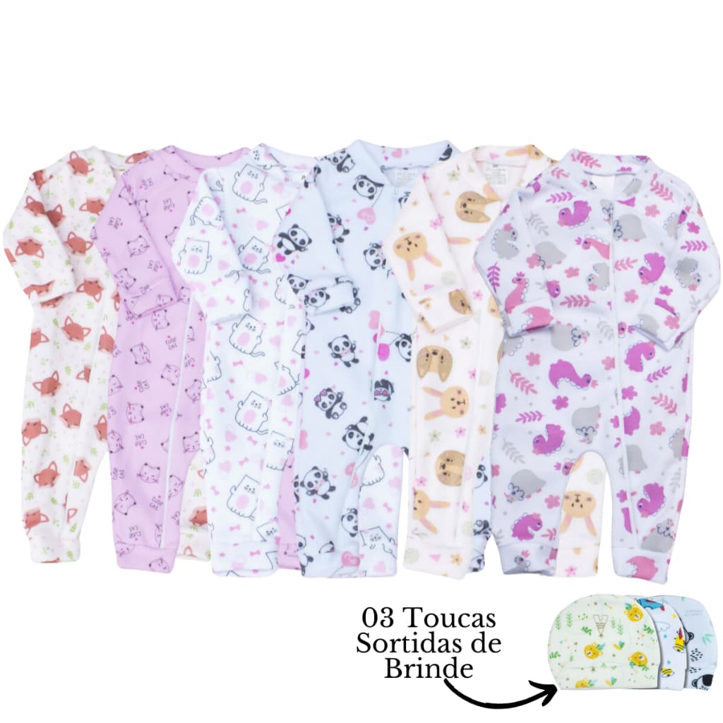 Combo de Macacão 06 Peças Soft Sortido Menina Menino 03 Toucas Sortidas Roupas de Bebê Quentinho