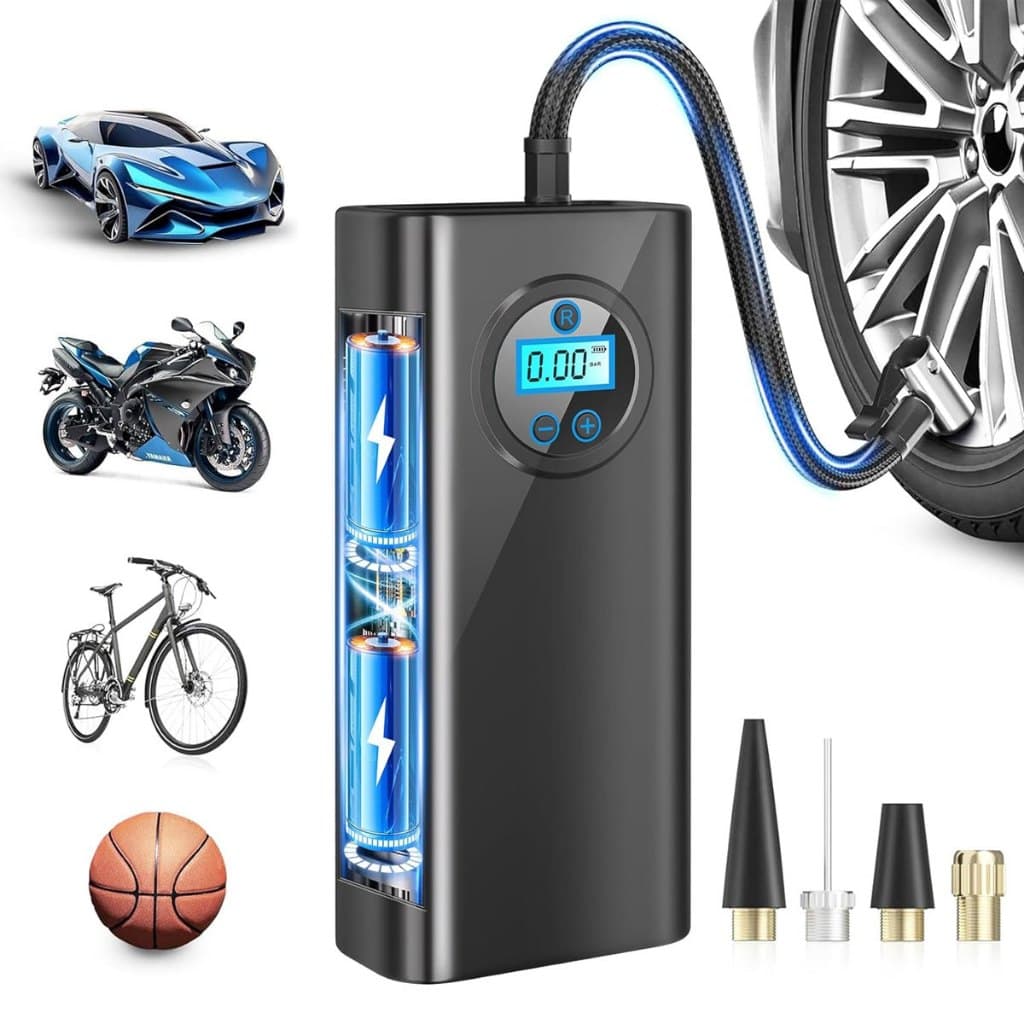 Compressor de Ar Portátil Elétrico Sem Fio com Display Digital Inflador de Pneus Carro Moto Bicicleta