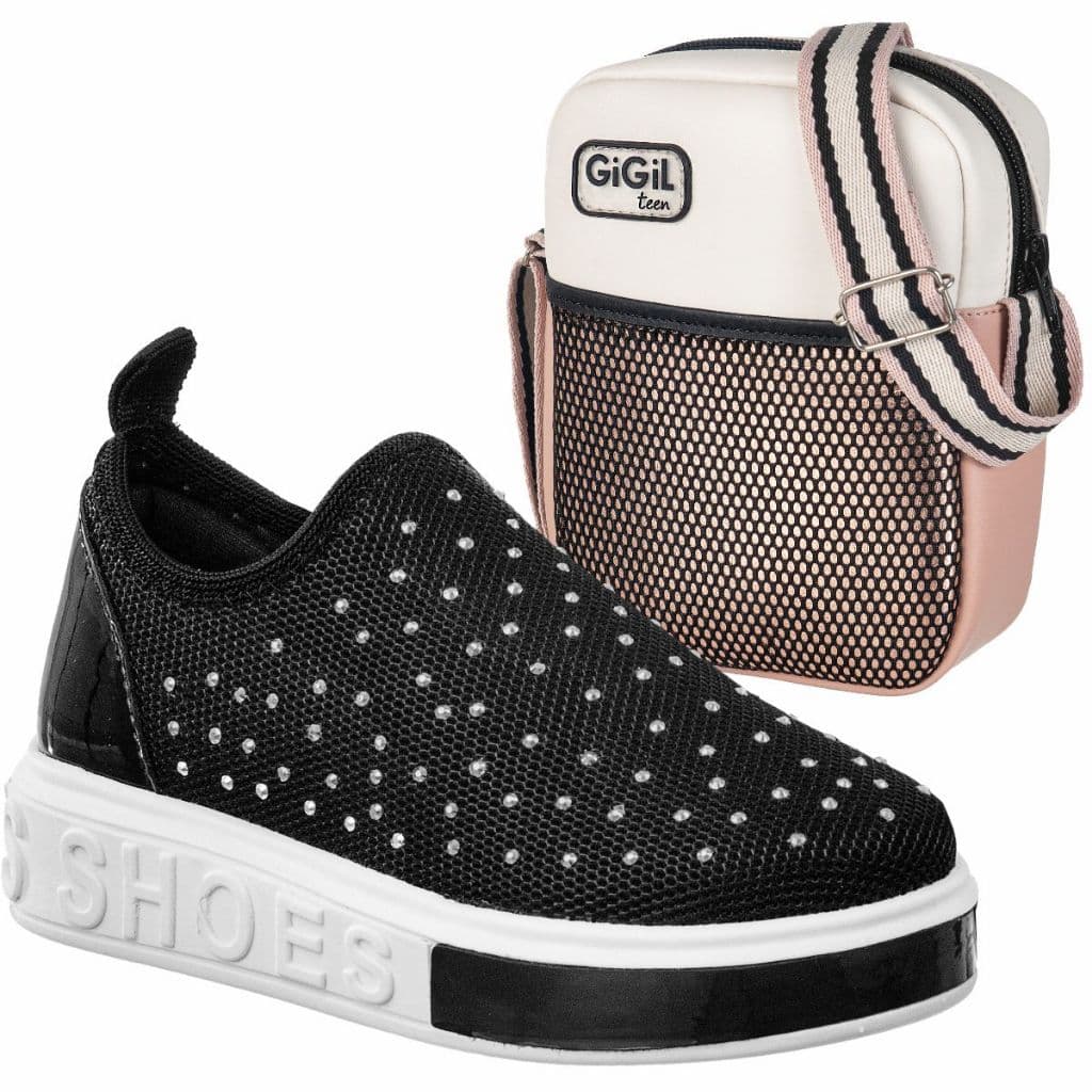 Kit Tenis Meia Infantil GiGiL Teen Feminino Slip-on Calce Fácil Com Bag Ombro Transversal Confortável Menina Promoção