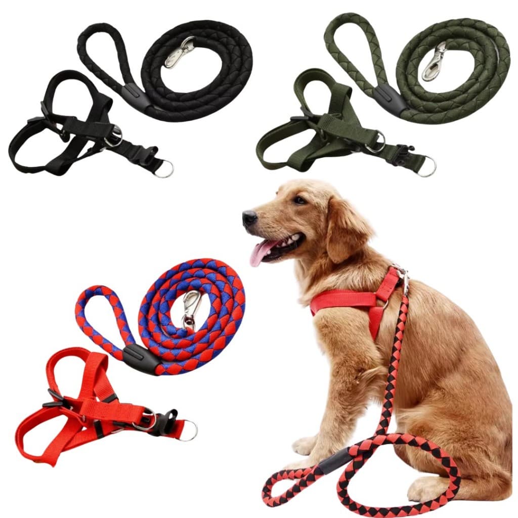 Kit Peitoral + Guia de Corda Reforçado Resistente Gancho de Metal Ajustável Para Cachorro Grande Médio Porte LR-0277