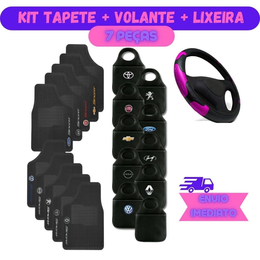 Jogo Automotivo Capa de Volante Rosa + Tapete 5 peças + Lixinho Personalizado