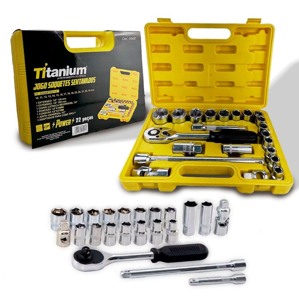 Jogo de Soquetes Sextavados Com Chave de Catraca 1/2 Pol. 22 Peças Titanium Mecânica Automotiva