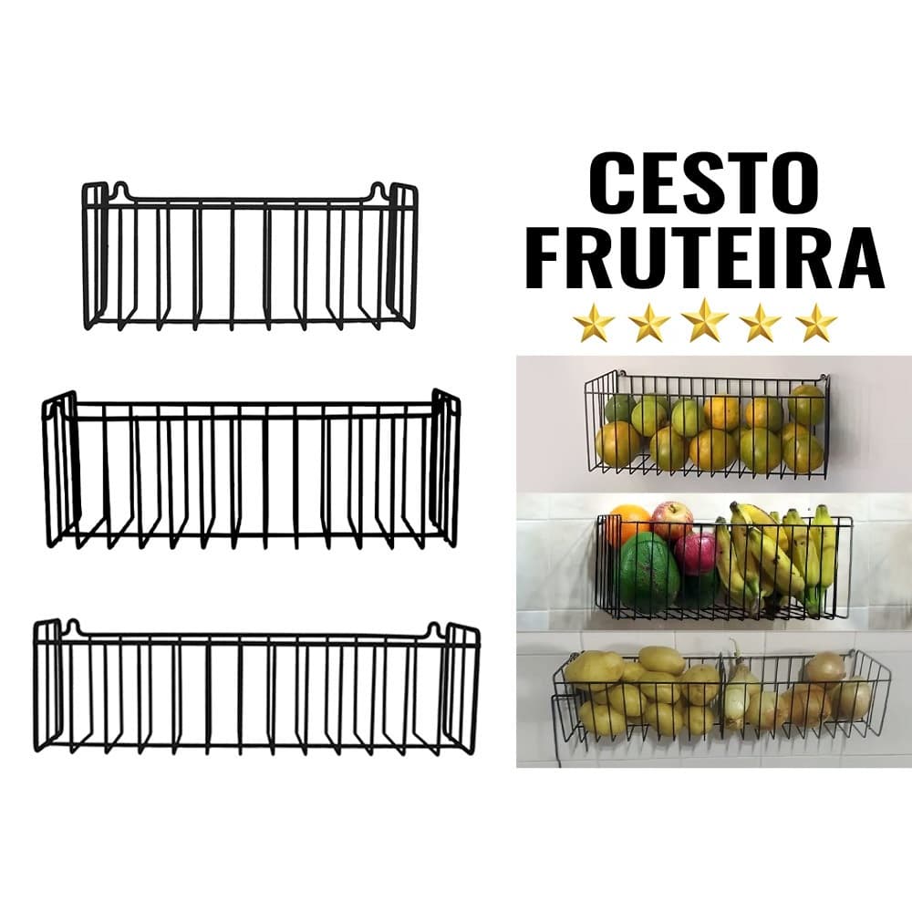 Cesto de Frutas Aramado para Cozinha Organizador de Parede Multiuso em Aço para Frutas e Produtos