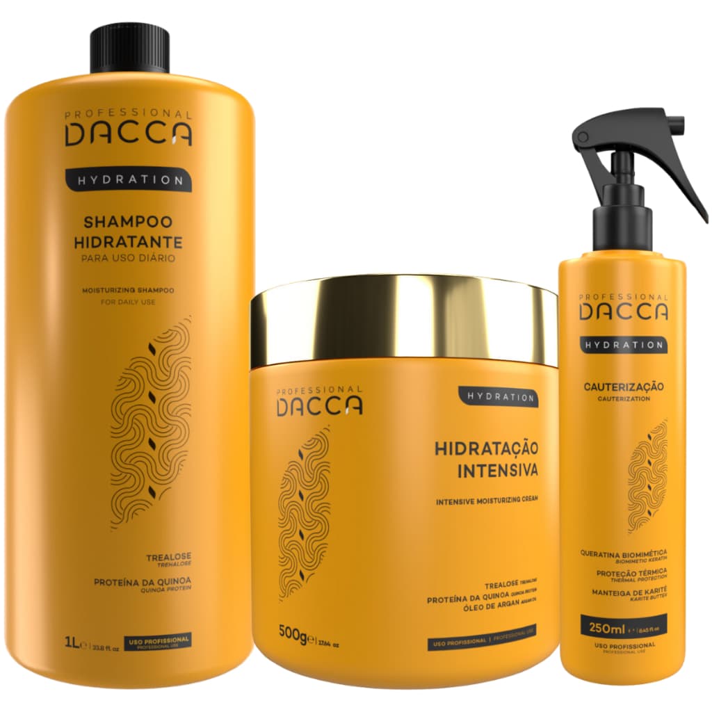 Kit Dacca De Cauterização Profissional Máscara De Hidratação Shampoo Pós Química Hidratante 1 Litro