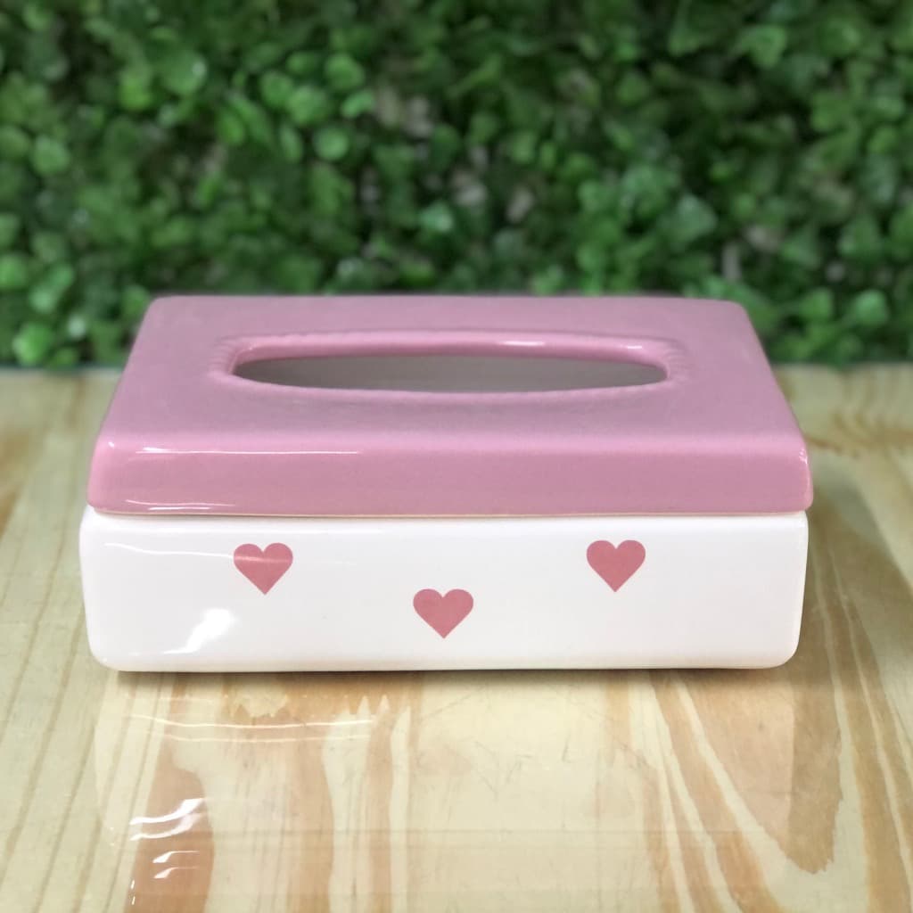 Caixa Porta Lenço Umedecido Porcelana Coração Rosa com Tampa Rosa Bebe para Kit Higiene Bebe ou Lavabo