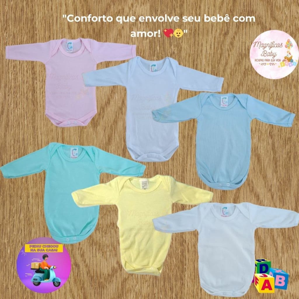 Kit 5 Body Manga Longa Canelado Kit enxoval Roupa de bebe Kit body bebe Roupa de bebe Body liso