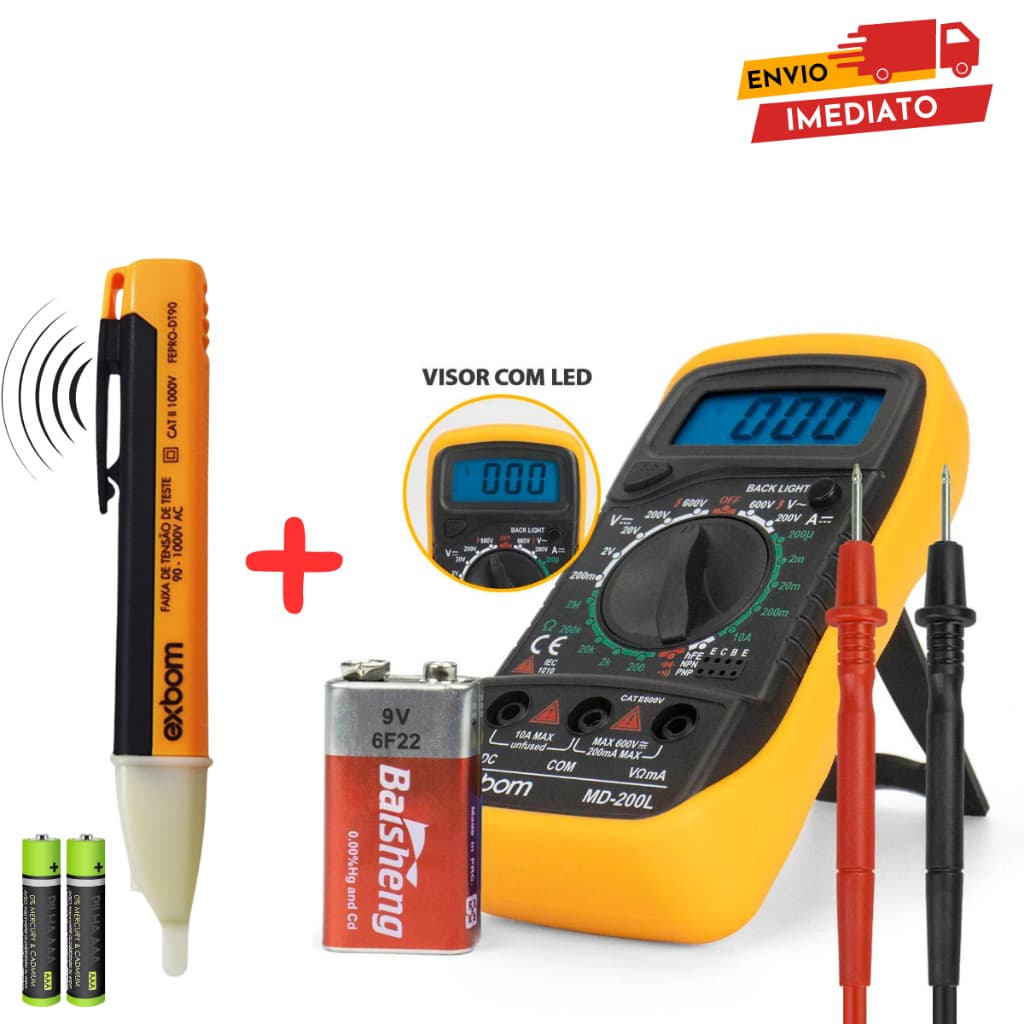 Kit 2x1 Multímetro Profissional digital com 3 dígitos painel Iluminado + Chave de Teste de Corrente