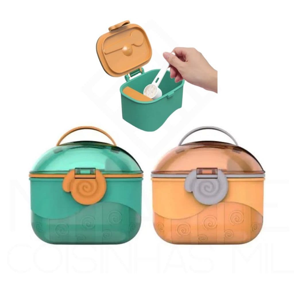 Porta Leite em Pó Fórmula Infantil Com Dosador Pazinha Medidora Nivelador Passeio Viagem Portátil Verde Laranja