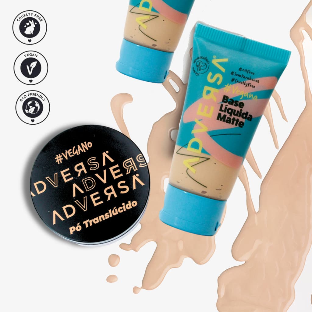 Base líquida Adversa e Pó facial, maquiagem completa, acabamento matte, aveludado, longa duração
