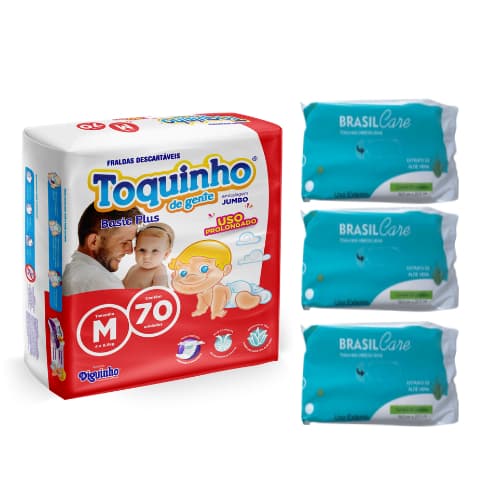 Kit Fralda Infantil M 70 unid e 150 unid toalhas umedecidas
