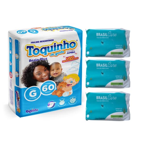 Kit Fralda Infantil G 60 unid e 150 unid toalhas umedecidas
