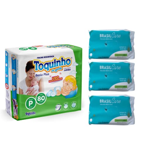 Kit Fralda Infantil P 80 unid e 150 unid toalhas umedecidas