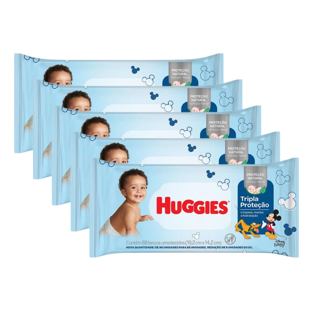 Kit 5 Pacotes de Lenços Umedecidos Huggies com 88 Unidades
