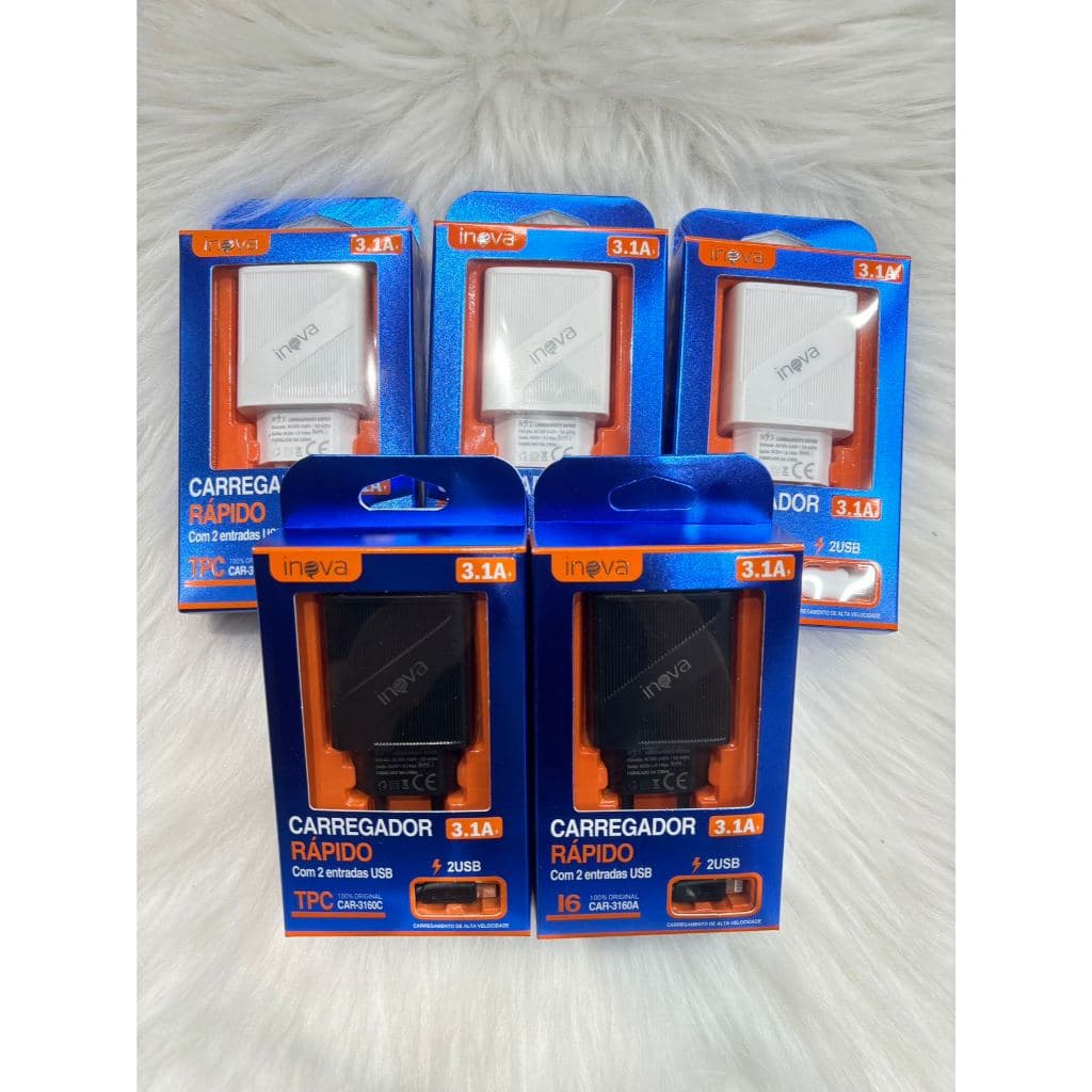 Kit 5pcs Inova Carregador Celular Rápido 3.1 Android V8 /Lightning iPhone / Type C 2 Saídas USB