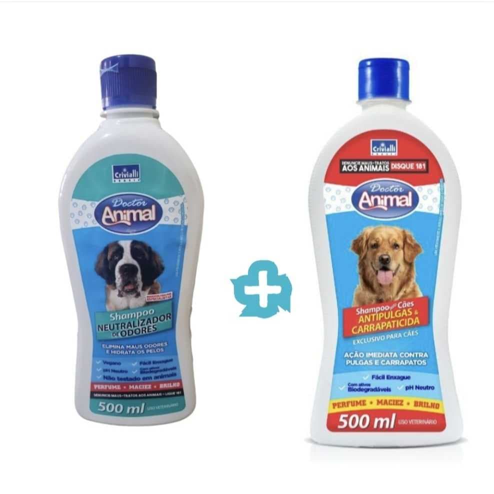 SHAMPOO ANTI-PULGAS ANTI-CARRAPATOS PARA CÃES + SHAMPOO NEUTRO NEUTRALIZADOR DE ODORES 500ML