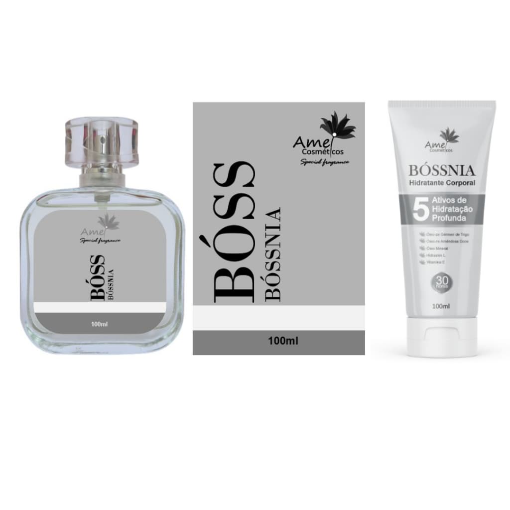 Kit Perfume e Hidratante Masculino Bóssnia Amei Cosmeticos Alta Fixação 33% de Essência Importada
