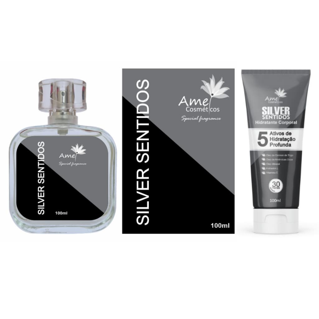 Kit Perfume e Hidratante Masculino Silver Sentidos Amei Cosmeticos Alta Fixação 33% de Essência Importada