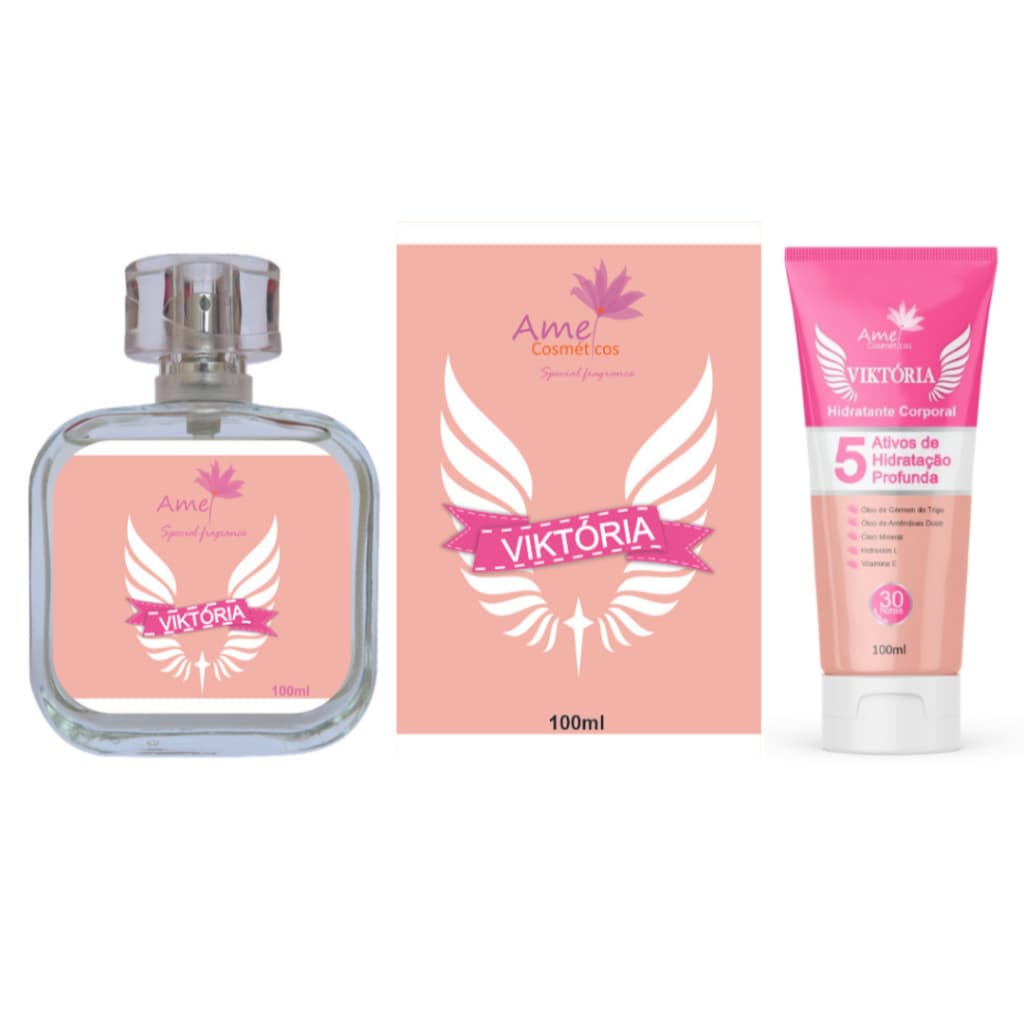 Kit Perfume e Hidratante Feminino Viktória Amei Cosmeticos Alta Fixação 33% de Essência Importada