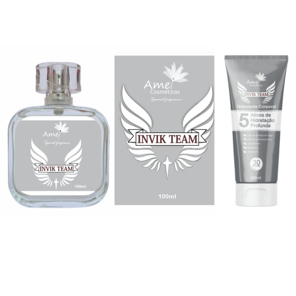 Kit Perfume e Hidratante Masculino Invik Team Amei Cosmeticos Alta Fixação 33% de Essência Importada
