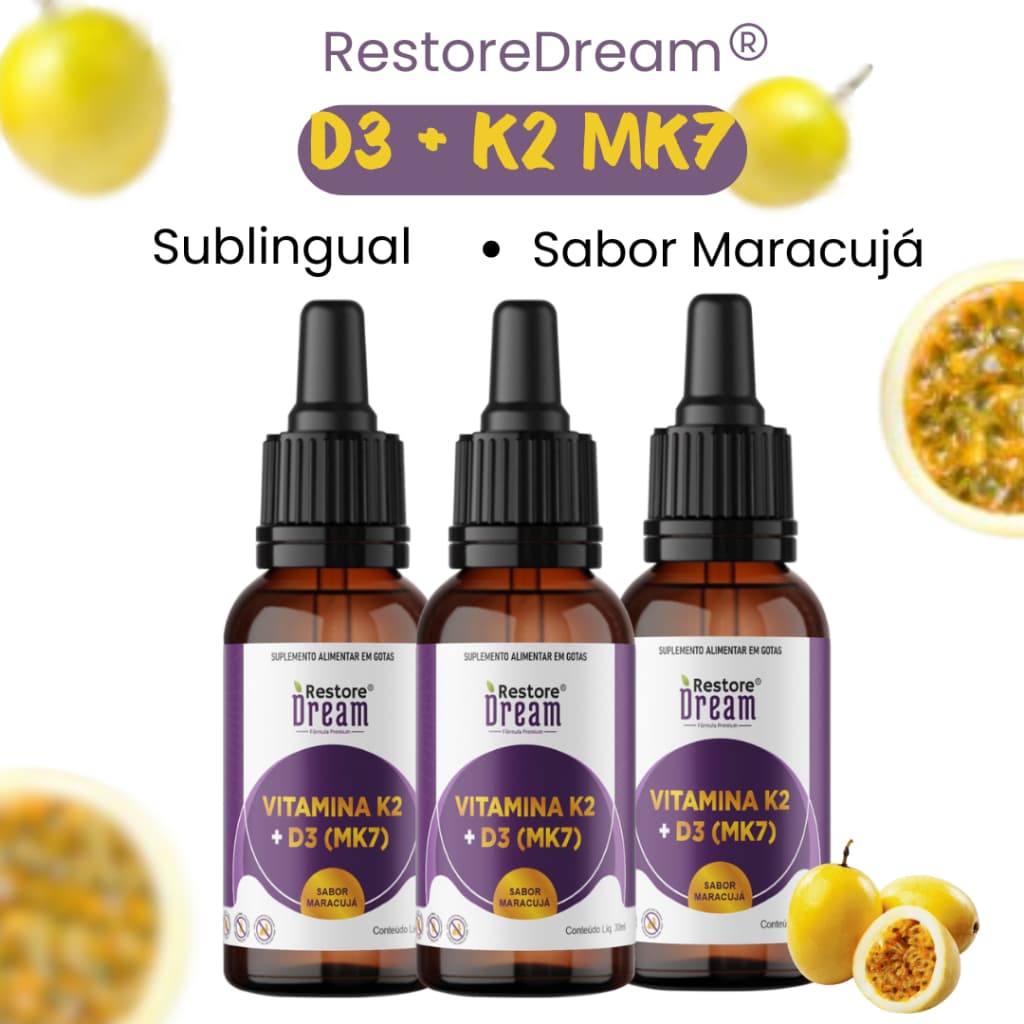 Suplemento para Ossos Vitamina K2 mk7 + Vitamina D3 sabor Maracujá 30ml - RestoreDream
