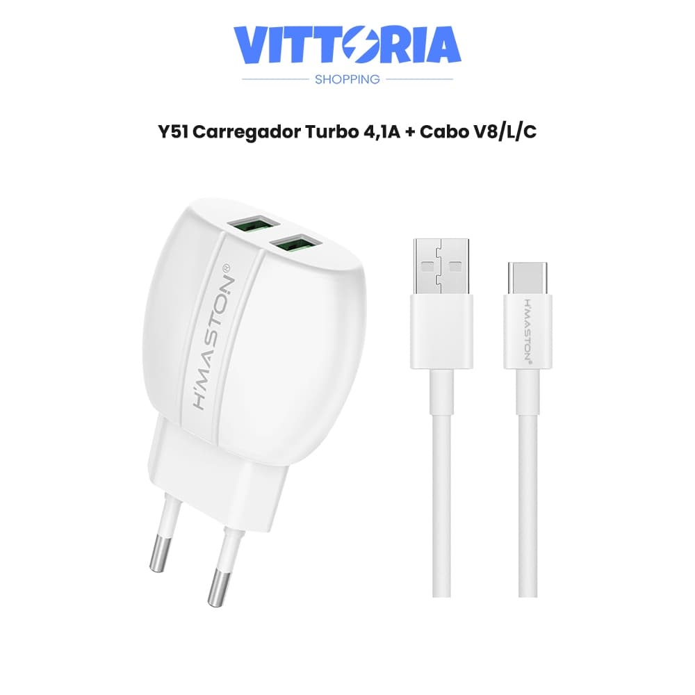 Carregador Y51 4,1A Carregador Turbo 2 Entradas com Cabo V8/L/C Fast Charger USB Carregamento Rápido