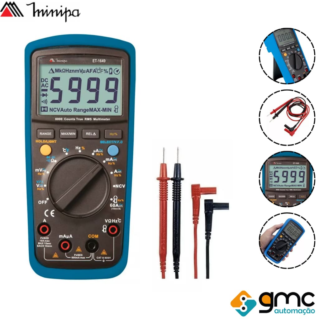 Multímetro Digital E Detector De Tensão Com Ponta de Prova Rms Et-1649 Minipa