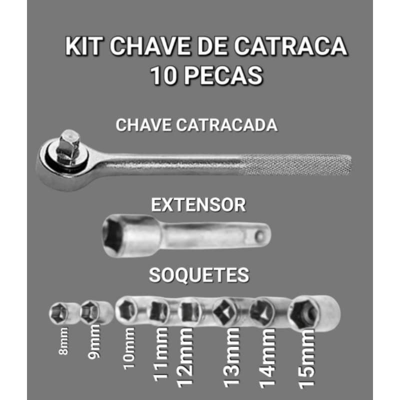 JOGO KIT CHAVE DE CATRACA 10 PEÇAS, JOGO DE SOQUETE