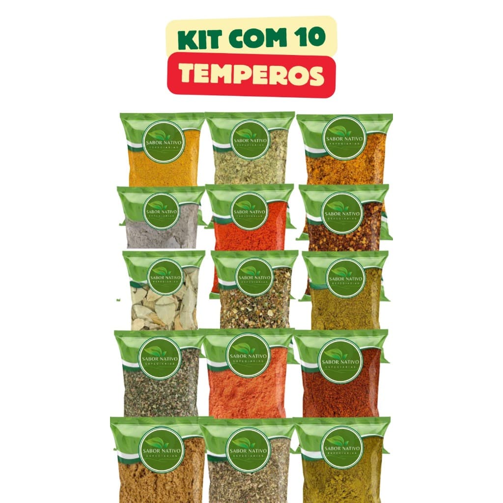 KIT COM 10 TEMPEROS - ORÉGANO, PÁPRICA PICANTE, PAPRICA DEFUMADA, ALHO EM PÓ, TEMPERO DO EDU