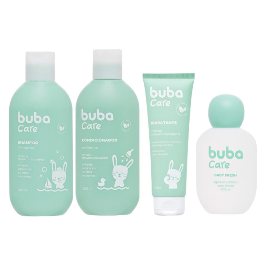 Kit Completo Banho Bebê Buba Care Hipoalergênico Shampoo/Condicionador/Colônia/Hidratante 100%Vegano