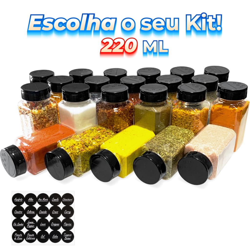 Escolha Seu Kit de Potes 220ml Tempero Condimentos com Etiquetas Tampa Dupla Reforçada - Envio Imediato