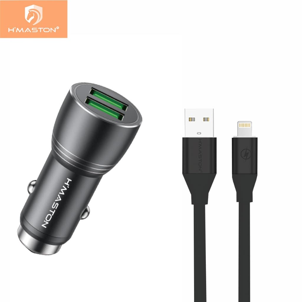 H'Maston L01 Carregador de Carro Veicular para Celular 2USB 4.8A + Cabo V8 LightingTipo-c