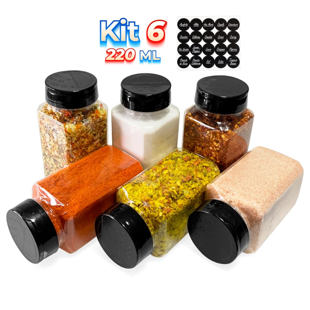 6 Potes Temperos Condimentos Sal Parrilha 220ml Tampa Dupla Reforçada com Etiquetas