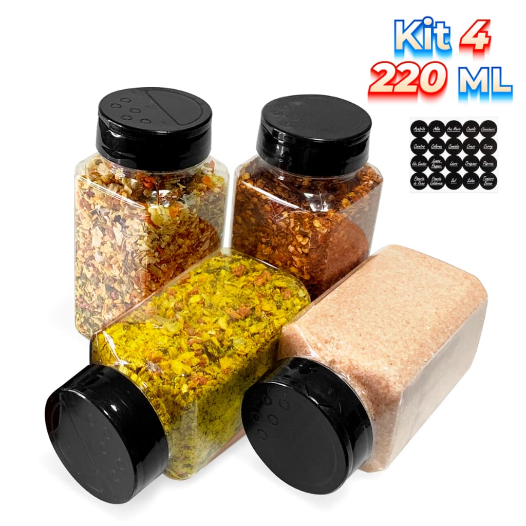 4 Potes Temperos Condimentos Sal Parrilha 220ml Tampa Dupla Reforçada com Etiquetas
