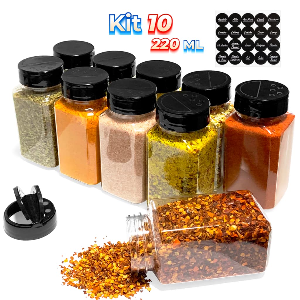 10 Potes Temperos Condimentos Sal Parrilha 220ml Tampa Dupla Reforçada com Etiquetas