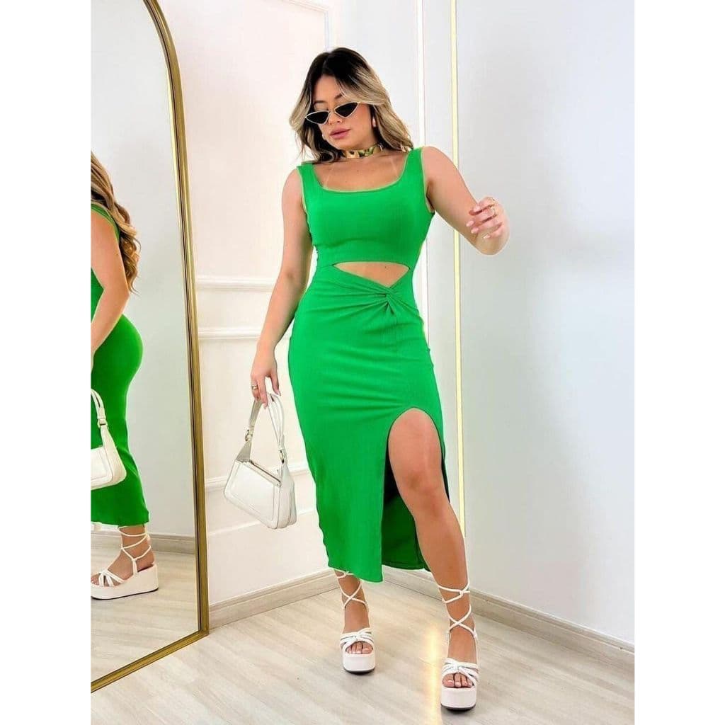 Vestido Feminino Midi Com Fenda Moda Feminina Vestido Elegante Verão anarruga