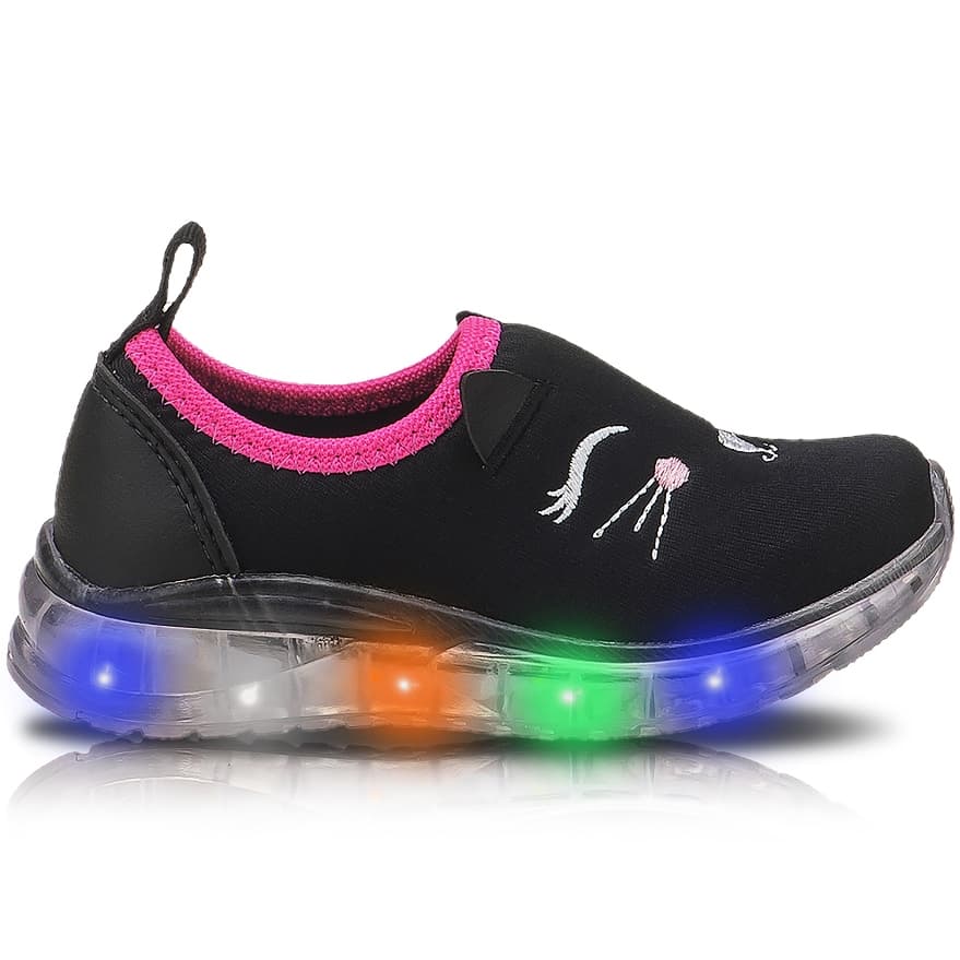 Tênis Infantil Menina Gatinha Com Led Calce Fácil Super Leve e Confortável