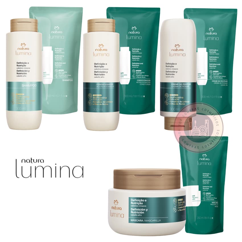 Lumina Cabelos Crespos Natura: Shampoo Hidratante, Condicionador Nutritivo, Creme Pentear, Máscara Reconstrutora e mais