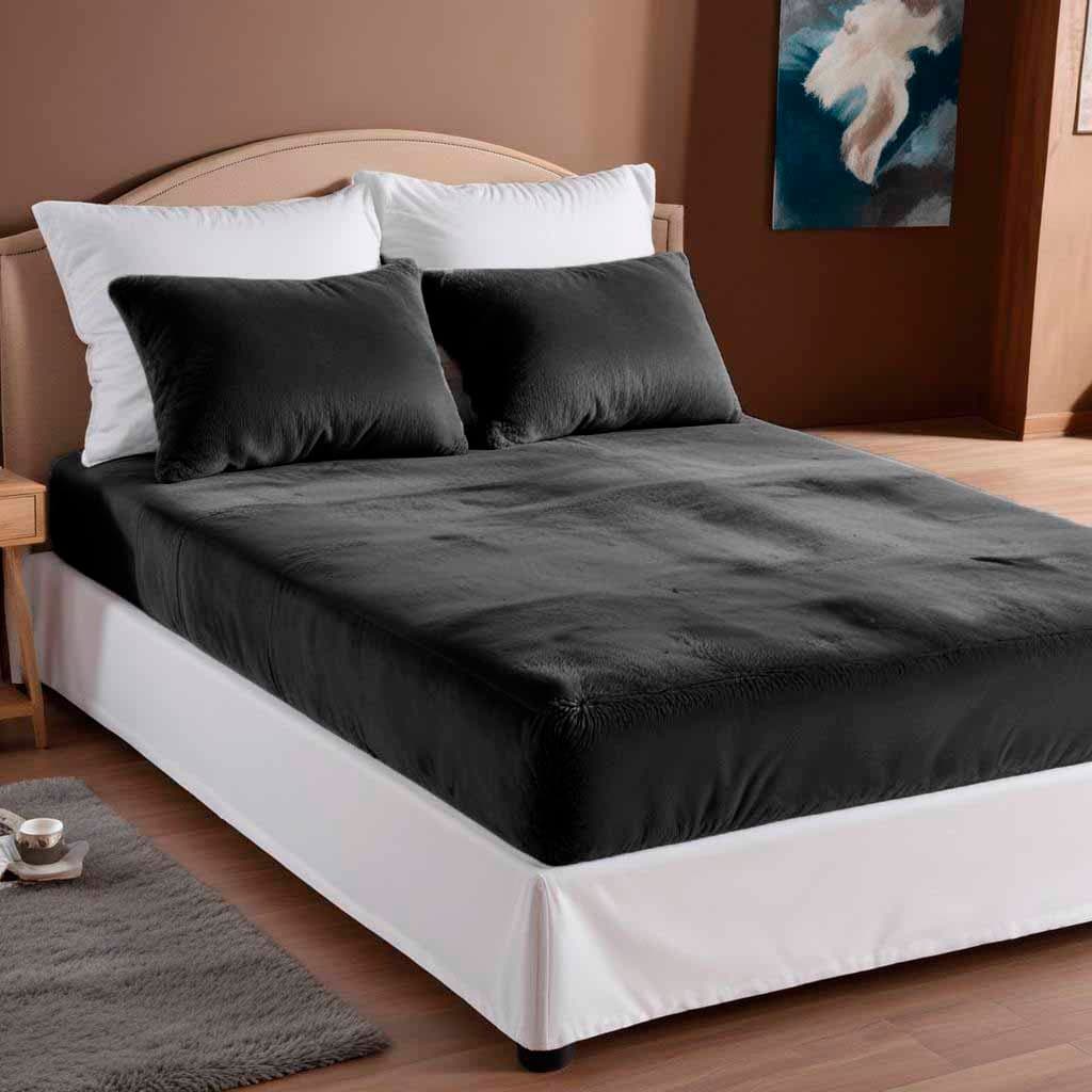 Jogo De Lençol Casal / Queen / King 3 Peças Plush Manta Flannel - Preto