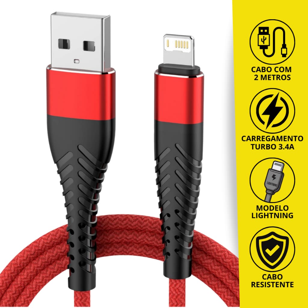 Cabo Carregador Lightning Celular iPhone Carga Rápida Original Inova 2 Metros Nylon Reforçado