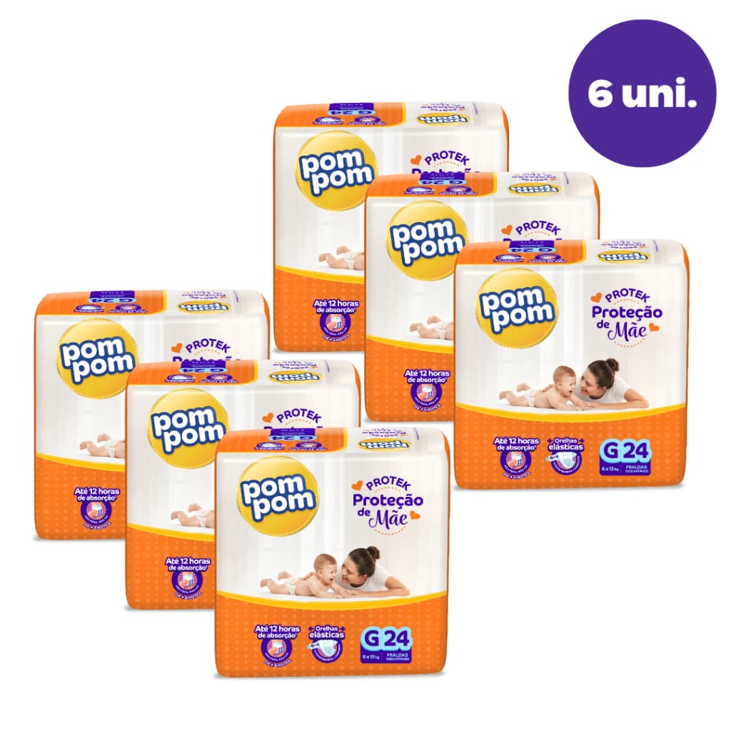 Kit 6 Pacotes Fralda Descartável Pom Pom Protek Amor de Mãe
