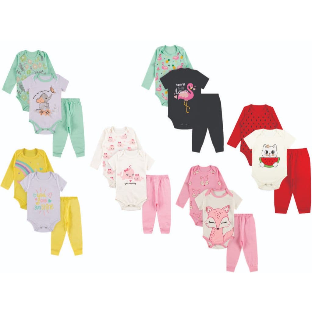 Kit Body roupa De Bebe 12 Peças Body Manga Longa e Curta e Calça Algodão  Menina