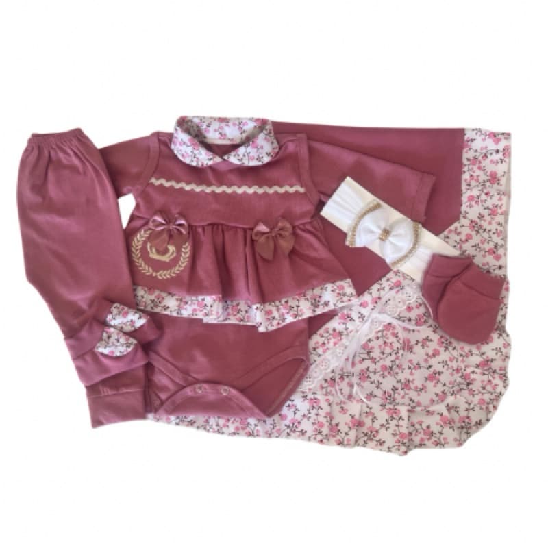 Kit Saída Maternidade Menina. Vestido com laço. 7 peças. Roupas de Bebê Menina