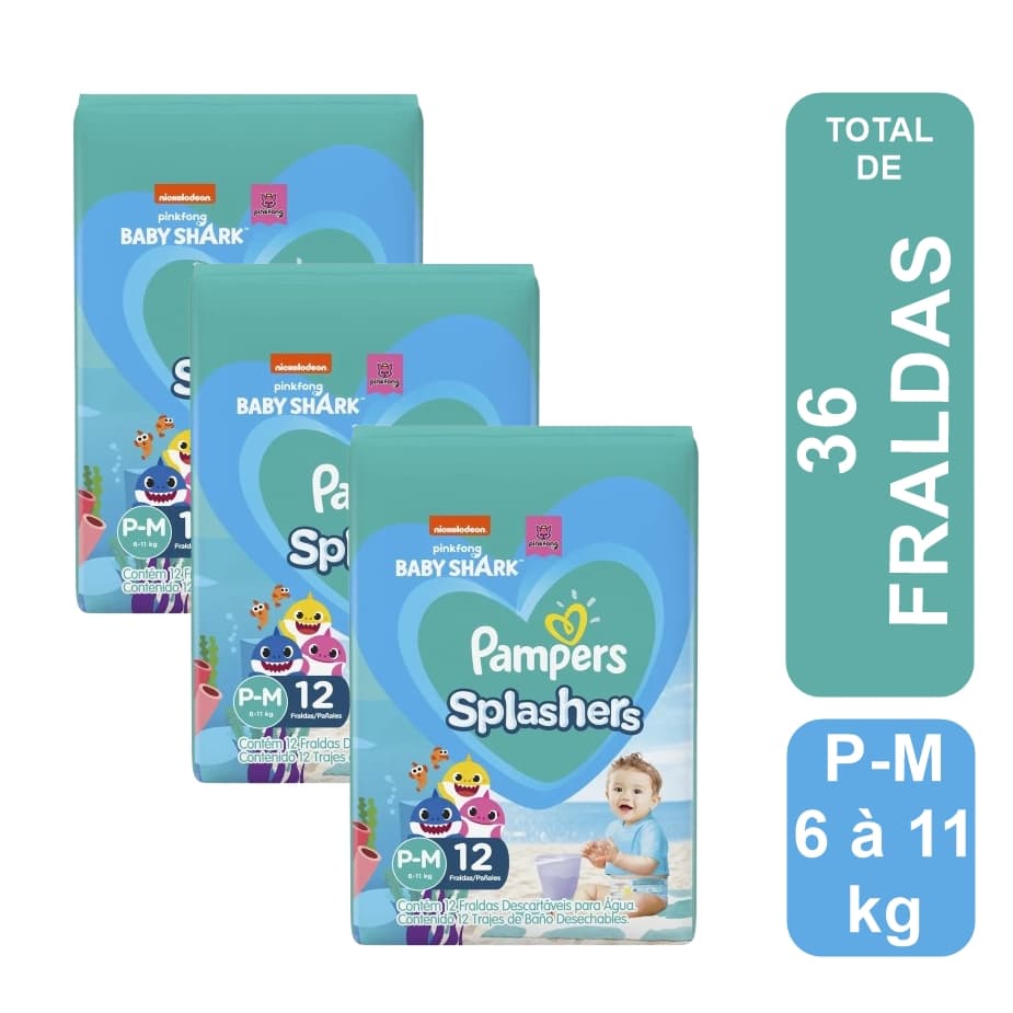 Kit 3 Fralda Para Água Pampers Splashers Baby Shark P-M 12 Unidades