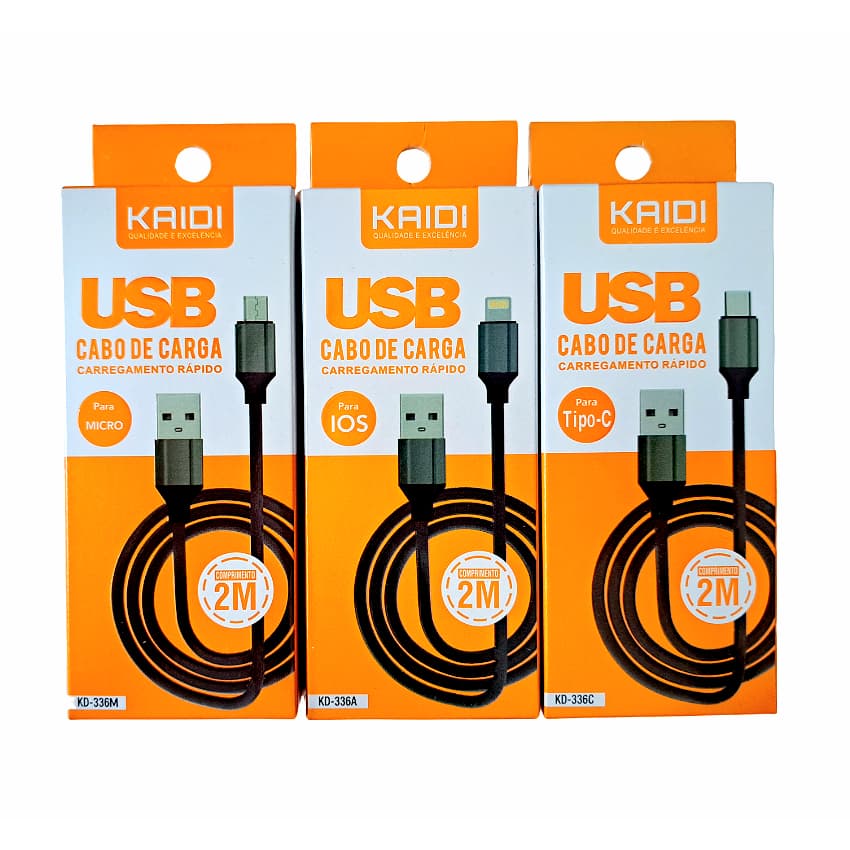 Kit 10 Cabos Carregador Rápido  2m Transferência de Dados e Carga Rápida 100% Original KAIDI