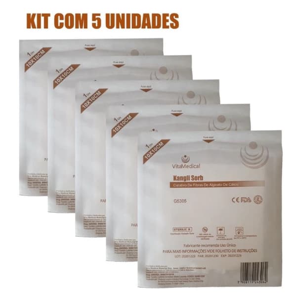 Kit 5 unidades Alginato de cálcio 10x10cm VitaMedical