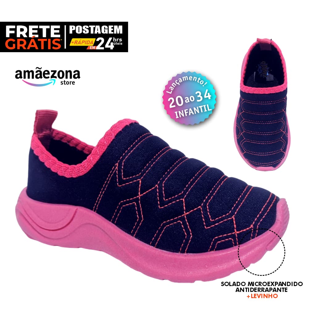 Tênis sem cadarço infantil calce fácil meia slip on feminino menina Marinho e Pink Sola antiderrapante Bordado sola colorida macia e confortável