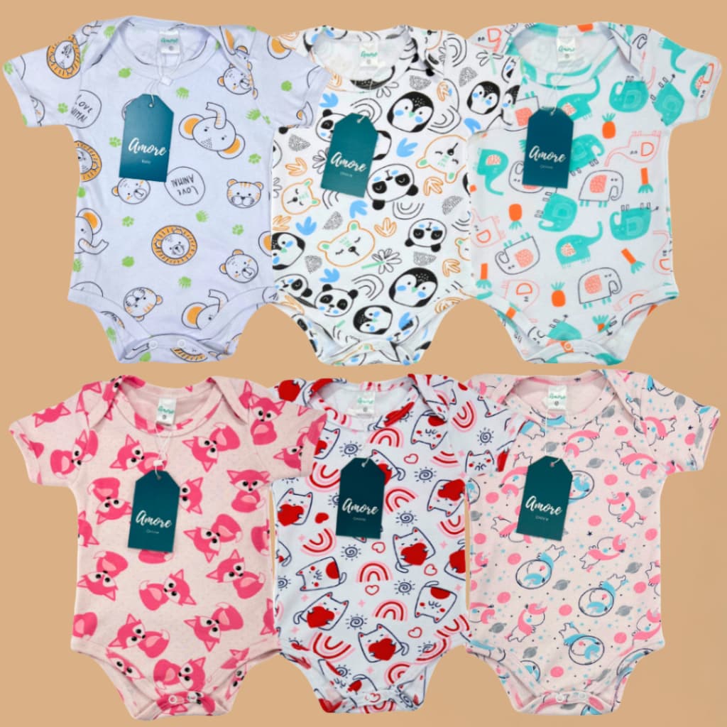 Roupa para Bebê Menina Menino 3 Body Amore Sortido 100% Algodão Recém Nascido a 1 ano