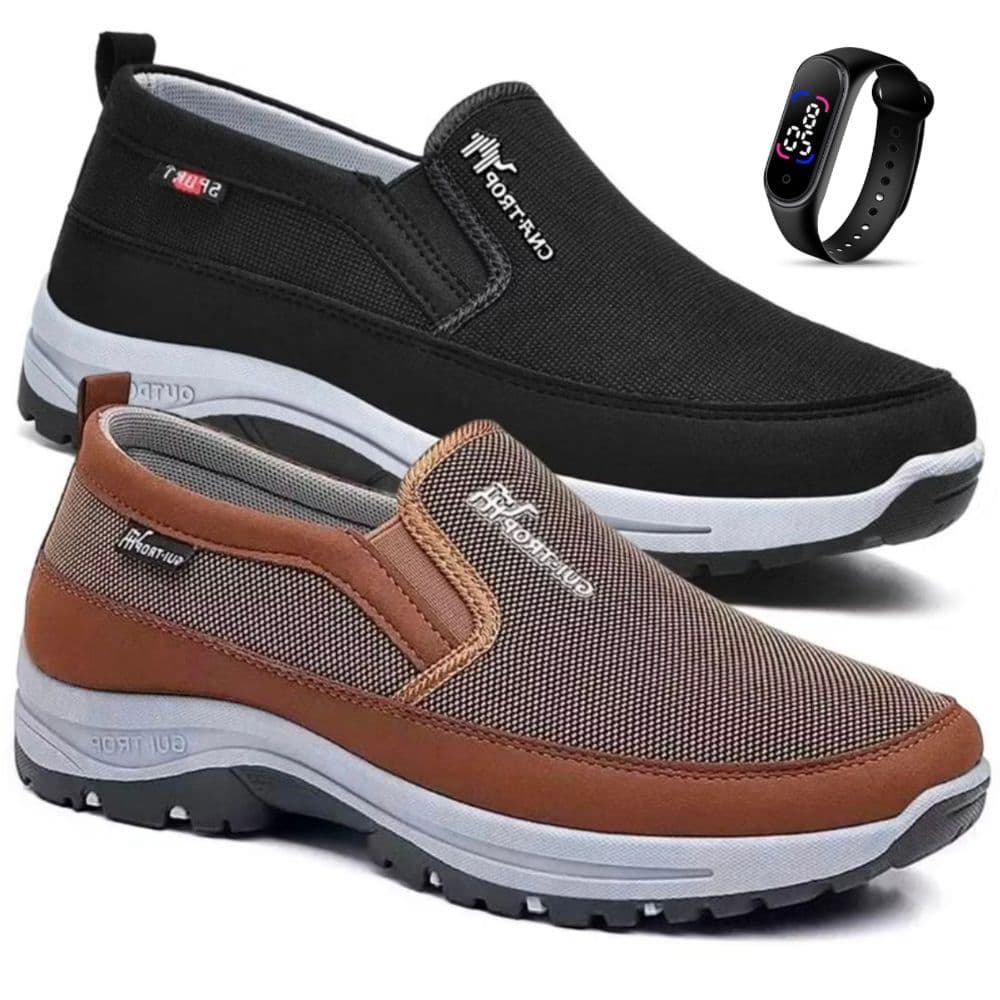 Kit 2 Pares De Tenis Sapatilha Masculino Moderno Aquatico Adventure Com Solado Costurado Resistente Macio + Relogio