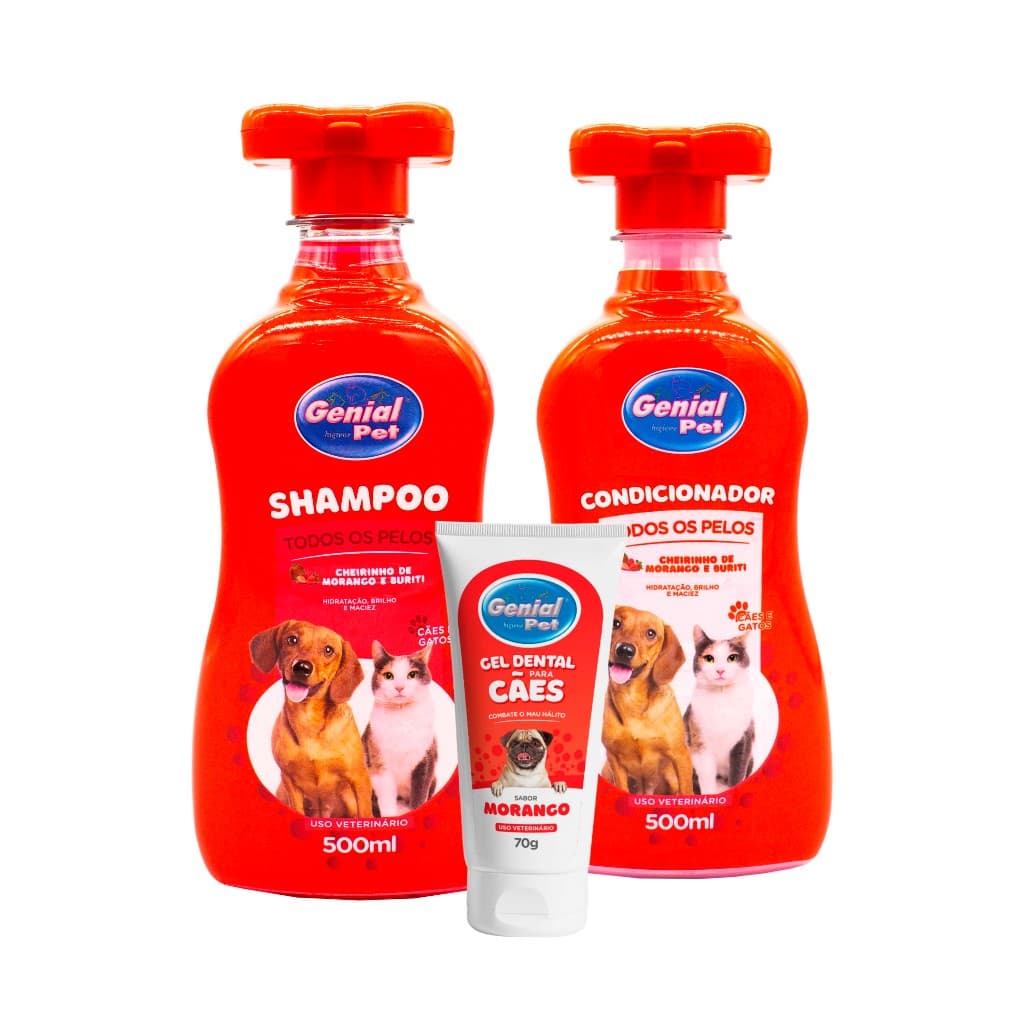 Kit Shampoo e Condicionador + Gel Dental mau hálito para Cães e Gatos Genial Pet